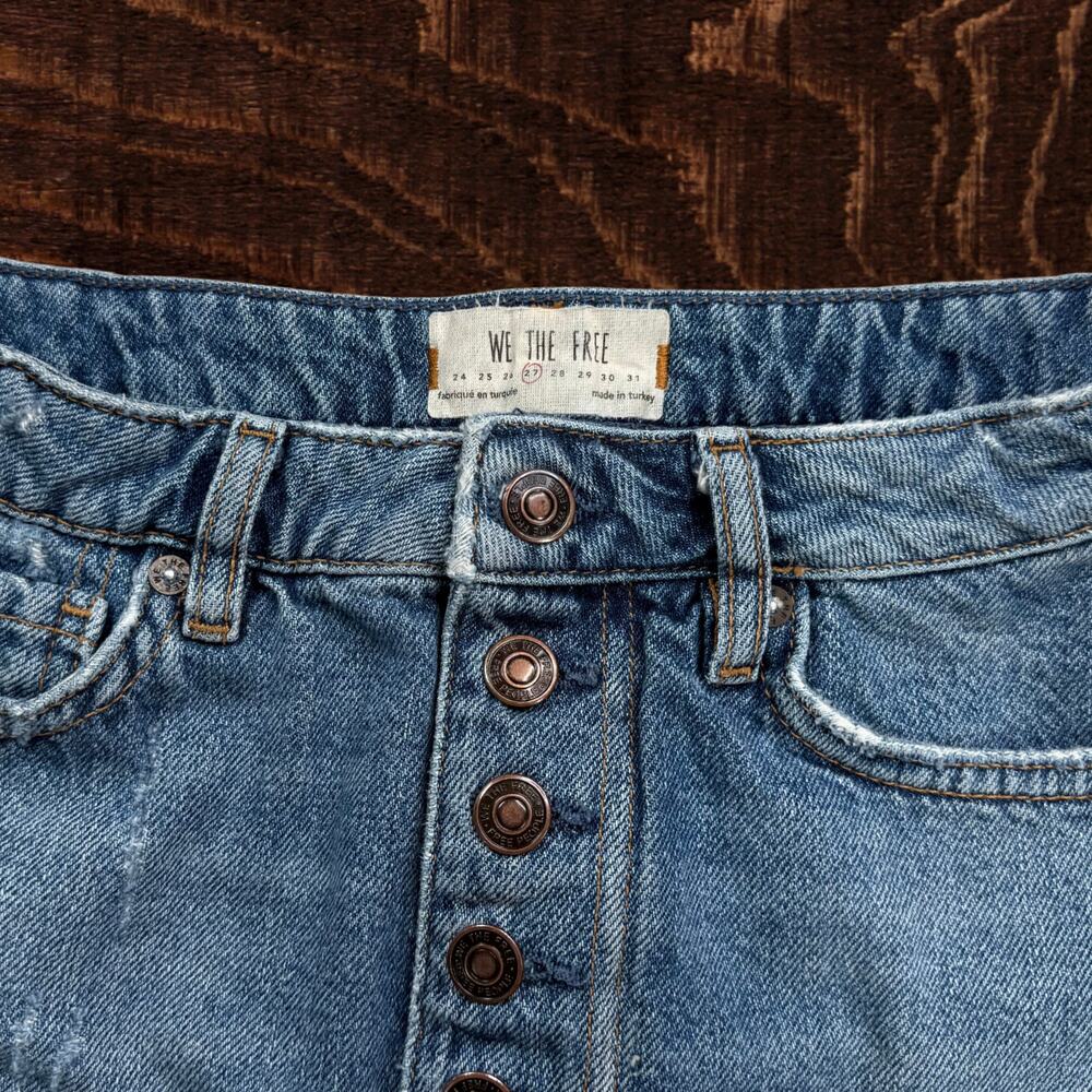 Free People We the Free Breezy Denim Distressed Button Fly Mini Skirt 27 - Picture 4 of 8